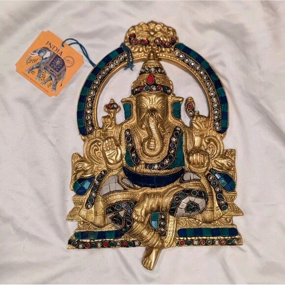 Colorful Brass Ganesh Idol Statue Elephant Murti God Ganesha Vinayak Ganpati - Picture 8 of 9